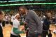 BOSTON, MA - MARCH 16: Isaiah Thomas #4 of the Boston Celtics and Kevin Durant #35 of the Oklahoma City Thunder are seen before the game on March 16, 2016 at the TD Garden in Boston, Massachusetts. NOTE TO USER: User expressly acknowledges and agrees th
