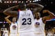 OAKLAND, CA - APRIL 27: Draymond Green #23 of the Golden State Warriors is congratulated by Shaun Livingston #34 and Andre Iguodala #9 after he made a shot on Dwight Howard #12 of the Houston Rockets in Game Five of the Western Conference Quarterfinals d