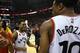 TORONTO, CANADA - MAY 1: Kyle Lowry #7 of the Toronto Raptors smiles with teammate DeMar DeRozan #10 of the Toronto Raptors after they defeated the Indiana Pacers in Game Seven of the Eastern Conference Quarterfinals during the 2016 NBA Playoffs on May 1
