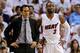 MIAMI, FL - MAY 01: Head coach Erik Spoelstra and Dwyane Wade #3 of the Miami Heat look on during Game Seven of the Eastern Conference Quarterfinals of the 2016 NBA Playoffs against the Charlotte Hornets at American Airlines Arena on May 1, 2016 in Miami