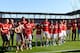 Bayern Munich players celebrate wining the league for the fourth year in a row after the German first division Bundesliga football match between FC Ingolstadt 04 and FC Bayern Munich, at the Audi Sportpark in Ingolstadt, southern Germany, on May 7, 2016.
