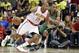 Apr 16, 2016; Atlanta, GA, USA; Atlanta Hawks center Al Horford (15) moves the ball against Boston Celtics guard Avery Bradley (0) during the second half in game one of the first round of the NBA Playoffs at Philips Arena. Mandatory Credit: John David Mer