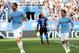 Jul 17, 2016; Montreal, Quebec, CAN; New York City FC midfielder Frank Lampard (8) celebrates his goal against Montreal Impact goalkeeper Evan Bush (1) with midfielder Mikey Lopez (5) during the second half at Stade Saputo. Mandatory Credit: Jean-Yves Ahe