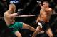 LAS VEGAS, NV - AUGUST 20: Conor McGregor (L) kicks Nate Diaz during their welterweight rematch at the UFC 202 event at T-Mobile Arena on August 20, 2016 in Las Vegas, Nevada. (Photo by Steve Marcus/Getty Images)