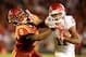 AMES, IA - NOVEMBER 03: Wide receiver Dede Westbrook #11 of the Oklahoma Sooners fends off the tackle of defensive back Kamari Cotton-Moya #5 of the Iowa State Cyclones at Jack Trice Stadium on November 3, 2016 in Ames, Iowa. (Photo by Joshua Gateley/Gett