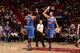 MIAMI, FL - DECEMBER 6: Carmelo Anthony #7 and Joakim Noah #13 of the New York Knicks high five during the game against the Miami Heat on December 6, 2016 at American Airlines Arena in Miami, Florida. NOTE TO USER: User expressly acknowledges and agrees