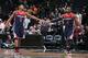 BROOKLYN, NY - DECEMBER 5: Bradley Beal #3 and John Wall #2 of the Washington Wizards celebrate a win against the Brooklyn Nets on December 5, 2016 at Barclays Center in Brooklyn, New York. NOTE TO USER: User expressly acknowledges and agrees that, by do