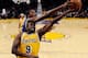 LOS ANGELES, CA - NOVEMBER 4: Kevin Durant #35 of the Golden State Warriors blocks a layup by Luol Deng #9 of the Los Angeles Lakers during the first half of the basketball game at Staples Center November 4, 2016, in Los Angeles, California. NOTE TO USER: