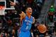 ATLANTA, GA - DECEMBER 05: Russell Westbrook #0 of the Oklahoma City Thunder calls out to his teammates against the Atlanta Hawks at Philips Arena on December 5, 2016 in Atlanta, Georgia. NOTE TO USER User expressly acknowledges and agrees that, by down