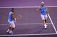 MADRID, SPAIN - OCTOBER 13: Rafael Nadal (L)and Carlos Moya of Spain celebrate a point against Mardy Fish and James Blake of the USA during their first round doubles match at the Madrid Masters tennis tournament at the Madrid Arena on October 13, 2008 in
