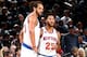 NEW YORK, NY - NOVEMBER 9: Joakim Noah #13, and Derrick Rose #25 of the New York Knicks talk it over during the game against the Brooklyn Nets on November 9, 2016 at Madison Square Garden in New York City, New York. NOTE TO USER: User expressly acknowle