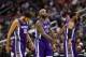 WASHINGTON, DC - NOVEMBER 28: Omri Casspi #18, DeMarcus Cousins #15 and Garrett Temple #17 of the Sacramento Kings walk off the floor during a timeout against the Washington Wizards at Verizon Center on November 28, 2016 in Washington, DC. NOTE TO USER: U