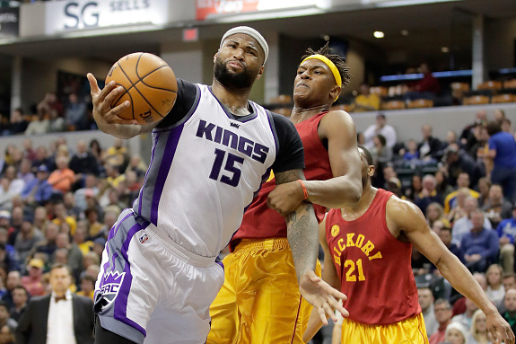 INDIANAPOLIS, IN - JANUARY 27: DeMarcus Cousins #15 of the Sacramento Kings is fouled by Myles Turner #33 of the Indiana Pacers at Bankers Life Fieldhouse on January 27, 2017 in Indianapolis, Indiana. NOTE TO USER: User expressly acknowledges and agrees