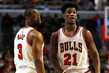 CHICAGO, IL - JANUARY 25: Dwyane Wade #3 and Jimmy Butler #21 of the Chicago Bulls look for a referees call during a game against the Atlanta Hawks at the United Center on January 25, 2017 in Chicago, Illinois. The Hawks defeated the Bulls 119-114. NOTE T