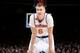 NEW YORK, NY - DECEMBER 20: Kristaps Porzingis #6 of the New York Knicks looks on during a game against the Indiana Pacers on December 20, 2016 at Madison Square Garden in New York City, New York. NOTE TO USER: User expressly acknowledges and agrees that