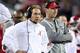 Alabama head coach Nick Saban (left) and former offensive coordinator Steve Sarkisian (right)