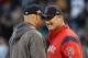 BOSTON, MA - OCTOBER 10: Manager John Farrell of the Boston Red Sox (R) talks with manager Terry Francona of the Cleveland Indians prior to game three of the American League Divison Series at Fenway Park on October 10, 2016 in Boston, Massachusetts. (Ph