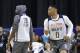 NEW ORLEANS, LA - FEBRUARY 18:  (EDITORS NOTE: Retransmission with alternate crop.) Kevin Durant #35 of the Golden State Warriors (L) and Russell Westbrook #0 of the Oklahoma City Thunder attend practice for the 2017 NBA All-Star Game at the Mercedes-Benz