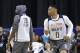 NEW ORLEANS, LA - FEBRUARY 18: (EDITORS NOTE: Retransmission with alternate crop.) Kevin Durant #35 of the Golden State Warriors (L) and Russell Westbrook #0 of the Oklahoma City Thunder attend practice for the 2017 NBA All-Star Game at the Mercedes-Benz