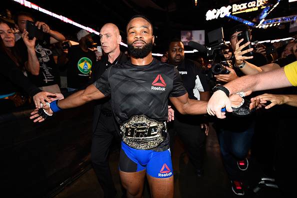ATLANTA, GA - JULY 30: Tyron Woodley celebrates his knockout victory over Robbie Lawler in their welterweight championship bout during the UFC 201 event on July 30, 2016 at Philips Arena in Atlanta, Georgia. (Photo by Jeff Bottari/Zuffa LLC/Zuffa LLC via