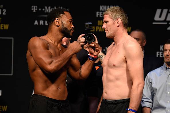 LAS VEGAS, NV - MARCH 03: (L-R) Rashad Evans and Daniel Kelly of Australia face off during the UFC 209 weigh-in at T-Mobile arena on March 3, 2017 in Las Vegas, Nevada. (Photo by Josh Hedges/Zuffa LLC/Zuffa LLC via Getty Images)