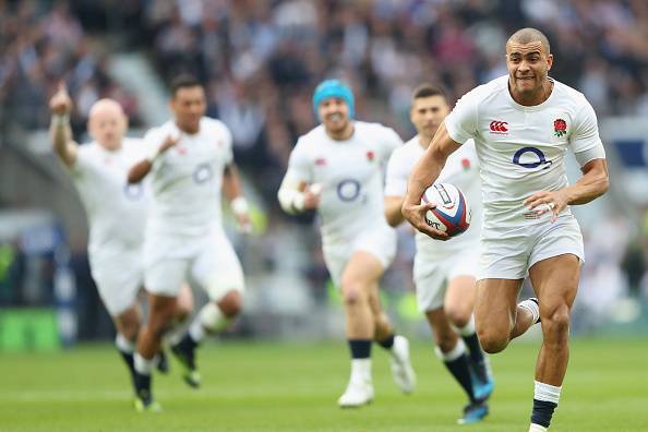 Jonathan Joseph (with ball) scored a hat-trick in England's record win over Scotland last Saturday.