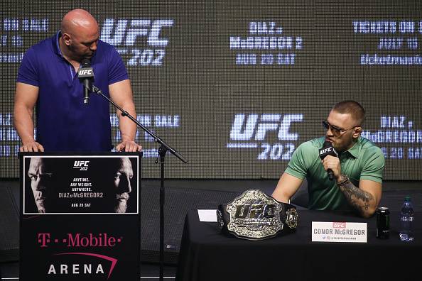 LAS VEGAS, NV - JULY 07: (L to R) UFC President Dana White looks on as Conor McGregor answers questions from the media at the UFC 202 press conference at the T-Mobile Arena on July 7, 2016 in Las Vegas, Nevada. (Photo by Ed Mulholland/Zuffa LLC/Zuffa LLC 