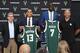 Bucks GM John Hammond (far left) and head coach Jason Kidd (far right) introduce Malcolm Brogdon (#13) and Thon Maker (#7).
