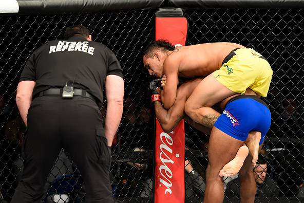 BUFFALO, NY - APRIL 08: Charles Oliveira secures a rear choke submission victory against Will Brooks in their lightweight bout during the UFC 210 event at KeyBank Center on April 8, 2017 in Buffalo, New York. (Photo by Josh Hedges/Zuffa LLC/Zuffa LLC vi