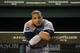 ARLINGTON, TX - OCTOBER 15: Victor Martinez #41 of the Detroit Tigers reacts after deing defeated in Game Six of the American League Championship Series by the Texas Rangers eliminating them from the playoffs at Rangers Ballpark in Arlington on October 15, 2011 in Arlington, Texas. (Photo by Harry How/Getty Images)