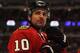 CHICAGO, IL - DECEMBER 30: Patrick Sharp #10 of the Chicago Blackhawks rests during a break in the action against the Detroit Red Wings at the United Center on December 30, 2011 in Chicago, Illinois. The Blackhawks defeated the Red Wings 3-2. (Photo by Jonathan Daniel/Getty Images)