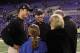 BALTIMORE, MD - NOVEMBER 24: Head coach Jim Harbaugh (L) of the San Francisco 49ers and his brother, head coach John Harbaugh of the Baltimore Ravens (C) talk with their parents Jack and Jackie Harbaugh, and John's daughter Allison, before the start of the game between the Baltimore Ravens and the San Francisco 49ers at M&T Bank Stadium on November 24, 2011 in Baltimore, Maryland. (Photo by Rob Carr/Getty Images)