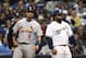 MILWAUKEE, WI - OCTOBER 16: (L-R) Albert Pujols #5 of the St. Louis Cardinals and Prince Fielder #28 of the Milwaukee Brewers stand on first base after Pujols hit a RBI single in the top of the eighth inning during Game Six of the National League Championship Series at Miller Park on October 16, 2011 in Milwaukee, Wisconsin. (Photo by Christian Petersen/Getty Images)