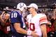 INDIANAPOLIS - SEPTEMBER 19: Eli Manning #10 of the New York Giants and Peyton Manning #18 of the Indianapolis Colts embrace following the Colts 38-14 win at Lucas Oil Stadium on September 19, 2010 in Indianapolis, Indiana. (Photo by Andy Lyons/Getty Images)