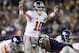 FOXBORO, MA - NOVEMBER 06: Eli Manning #10 of the New York Giants calls out the play in the fourth quarter against the New England Patriots on November 6, 2011 at Gillette Stadium in Foxboro, Massachusetts. The New York Giants defeated the New England Patriots 24-20. (Photo by Elsa/Getty Images)