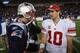 FOXBORO, MA - NOVEMBER 6: Tom Brady #12 of the New England Patriots congratulates Eli Manning #10 of the New York Giants after the New York Giants 24-20 win on November 6, 2011 in Foxboro, Massachusetts. (Photo by Jim Rogash/Getty Images)