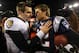 FOXBORO, MA - JANUARY 22: Tom Brady #12 of the New England Patriots talks with Joe Flacco #5 of the Baltimore Ravens after defeating the Baltimore Ravens in the AFC Championship Game at Gillette Stadium on January 22, 2012 in Foxboro, Massachusetts. The New England Patriots defeated the Baltimore Ravens 20-23. (Photo by Al Bello/Getty Images)