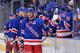 NEW YORK, NY - JANUARY 24: Brad Richards #19 of the New York Rangers is congratulated after a third period goal against the Winnipeg Jets on January 24, 2012 at Madison Square Garden in New York City. (Photo by Christopher Pasatieri/Getty Images)