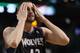 BOSTON, MA - JANUARY 03: Kevin Love #42 of the Minnesota Timberwolves wipes his face in the fourth quarter against the Boston Celtics on January 3, 2011 at the TD Garden in Boston, Massachusetts. The Celtics defeated the Timberwolves 96-93. NOTE TO USER: User expressly acknowledges and agrees that, by downloading and/or using this Photograph, User is consenting to the terms and conditions of the Getty Images License Agreement. (Photo by Elsa/Getty Images)