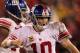 SAN FRANCISCO, CA - JANUARY 22: Eli Manning #10 of the New York Giants reacts after he threw a 17-yard touchdown reception in the fourth quarter to Mario Manningham #82 against the San Francisco 49ers during the NFC Championship Game at Candlestick Park on January 22, 2012 in San Francisco, California. (Photo by Jamie Squire/Getty Images)