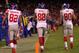 SAN FRANCISCO, CA - JANUARY 22: (L-R) Mario Manningham #82, Hakeem Nicks #88 and Victor Cruz #80 of the New York Giants walk back ot the sideline in the fourth quarter after Manningham scored a 17-yard touchdown against the af during the NFC Championship Game at Candlestick Park on January 22, 2012 in San Francisco, California. (Photo by Doug Pensinger/Getty Images)