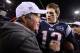 FOXBORO, MA - JANUARY 22: Tom Brady #12 of the New England Patriots celebrates with head coach Bill Belichick of the New England Patriots after defeating the Baltimore Ravens in the AFC Championship Game at Gillette Stadium on January 22, 2012 in Foxboro, Massachusetts. The New England Patriots defeated the Baltimore Ravens 20-23. (Photo by Elsa/Getty Images)