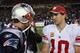 FOXBORO, MA - NOVEMBER 6: Tom Brady #12 of the New England Patriots congratulates Eli Manning #10 of the New York Giants after the New York Giants 24-20 win on November 6, 2011 in Foxboro, Massachusetts. (Photo by Jim Rogash/Getty Images)