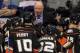 WINNIPEG, CANADA - DECEMBER 17: Anaheim Ducks' head coach Bruce Boudreau speaks to his team at the bench in a game against the Winnipeg Jets in NHL action at the MTS Centre on December 17, 2011 in Winnipeg, Manitoba, Canada. (Photo by Marianne Helm/Getty Images)