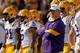 BATON ROUGE, LA - NOVEMBER 25: Head coach Les Miles stands with his team before taking on the Arkansas Razorbacks at Tiger Stadium on November 25, 2011 in Baton Rouge, Louisiana. (Photo by Chris Graythen/Getty Images)