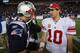 FOXBORO, MA - NOVEMBER 6: Tom Brady #12 of the New England Patriots congratulates Eli Manning #10 of the New York Giants after the New York Giants 24-20 win on November 6, 2011 in Foxboro, Massachusetts. (Photo by Jim Rogash/Getty Images)