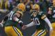 GREEN BAY, WI - JANUARY 01: Matt Flynn #10 of the Green Bay Packers celebrates a touchdown pass with Josh Sitton #71 against the Detroit Lions at Lambeau Field on January 1, 2012 in Green Bay, Wisconsin. The Packers defeated the Lions 45-41. (Photo by Jonathan Daniel/Getty Images)