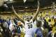 COLUMBIA, MO - FEBRUARY 04: Steve Moore #32 of the Missouri Tigers celebrates a 74-71 win over the Kansas Jayhawks at Mizzou Arena on February 4, 2012 in Columbia, Missouri. (Photo by Ed Zurga/Getty Images)