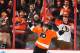 PHILADELPHIA, PA - JANUARY 05: James van Riemsdyk #21 of the Philadelphia Flyers celebrates the game winning goal against the Chicago Blackhawks in the final seconds of the third period on January 5, 2012 at The Wells Fargo Center in Philadelphia, Pennsylvania. (Photo by Al Bello/Getty Images)
