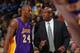 DENVER, CO - FEBRUARY 03: Head coach Mike Brown talks with Kobe Bryant #24 of the Los Angeles Lakers during a break in the action against the Denver Nuggets at the Pepsi Center on February 3, 2012 in Denver, Colorado. NOTE TO USER: User expressly acknowledges and agrees that, by downloading and or using this photograph, User is consenting to the terms and conditions of the Getty Images License Agreement. (Photo by Doug Pensinger/Getty Images)